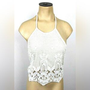 Express White Halter Open Back Crochet Crop Top‎ Women's Size Small Tank Top